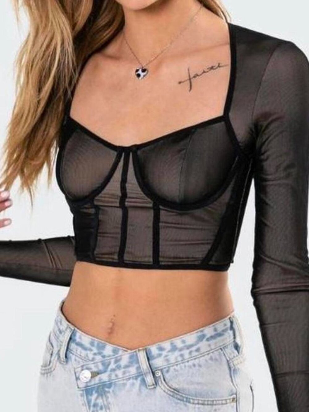 Like New Edikted Sheer Black Long-Sleeve Mesh Corset Top Size XS